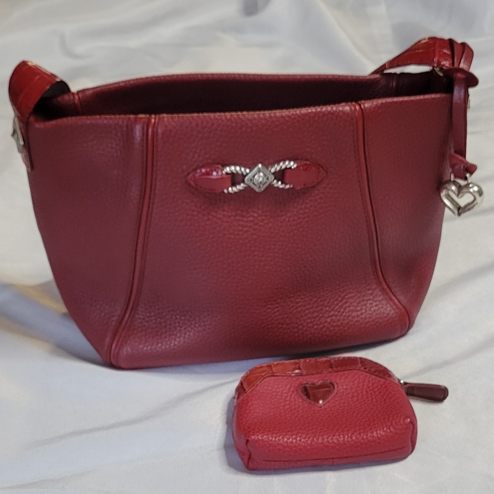 Brighton Red Pebble Leather Shoulder Handbag with Matching Coin Purse